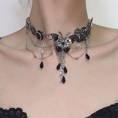 Tooxika Niche Retro Personalised Button Butterfly Crystal Tassel Necklace Sweet Cool Hottie Choker Collarbone Chain