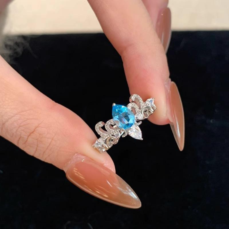 Retro Blue Tear Crown Water Drop Ring - Vintage Chinese-Style Adjustable Women's Index Ring