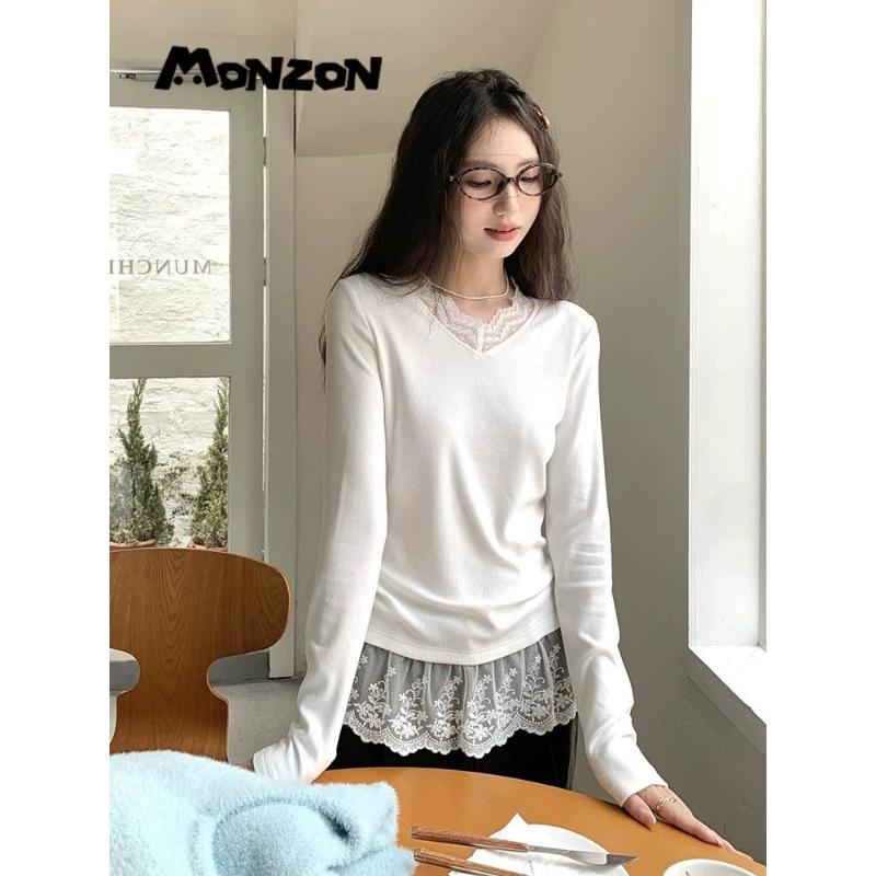 

Французский Ретро Нежный Стиль Сладкий и Высококлассный Кружевной Внутренний Слой Базовая Футболка Топ для Женщин S белый