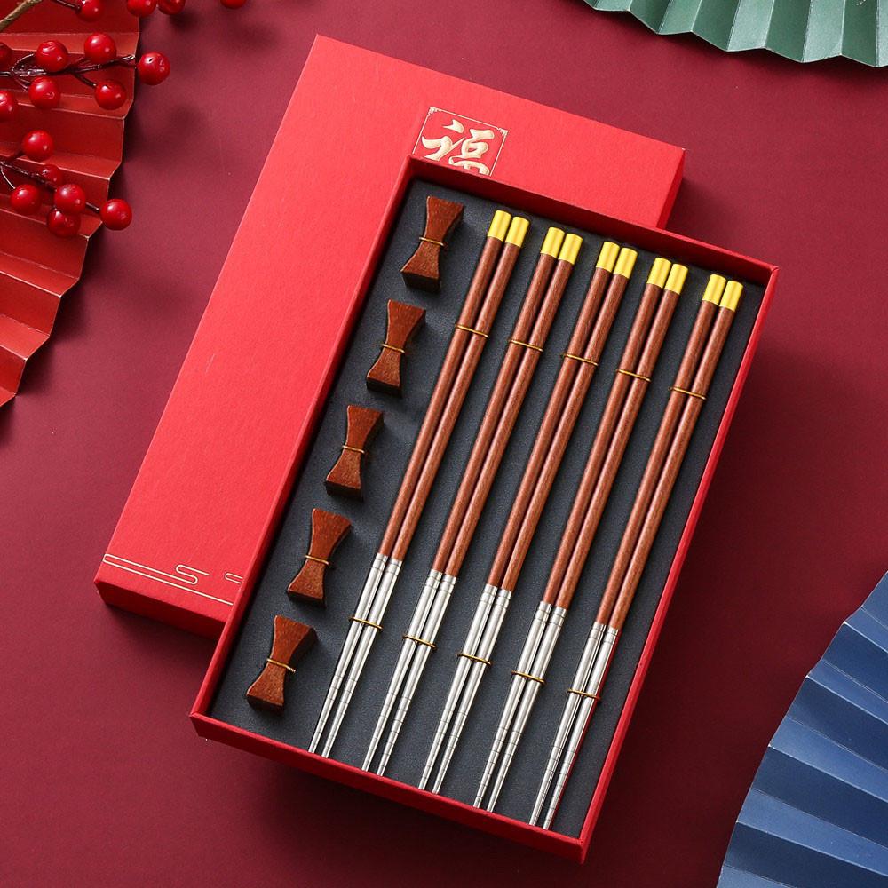 Red Sandalwood & 304 Stainless Steel Chopstick Set with Rest - Ideal for Home or Hotel