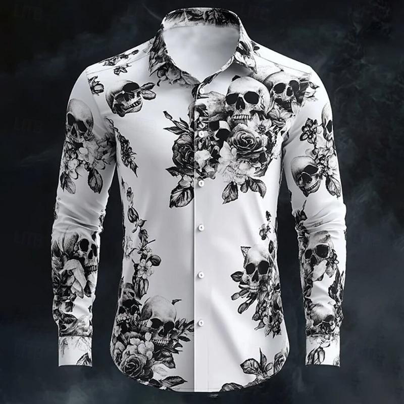Halloween Thema Mannen Halloween Kostuums Schedels Shirt Knoopsluiting Shirt Casual Overhemd Lange Mouw Donkere Gotische Stijl Tops