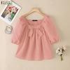 ZANZEA Women Square Collar Casual Short Sleeve Grid Print Blouse