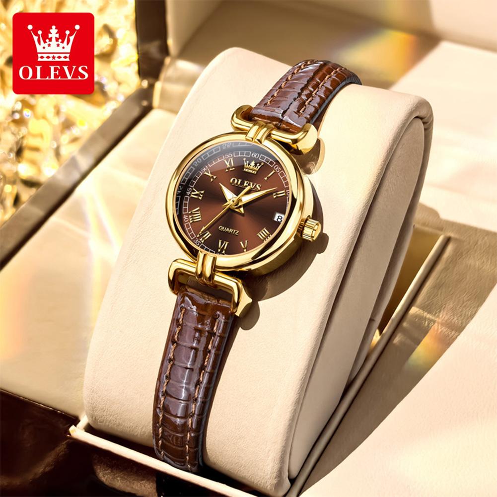 OLEVS 5645 Women Watch Quartz Movement Fashion Watch Gift Round-dial Leather Strap Wristwatch Calendar Window Luminous Watch