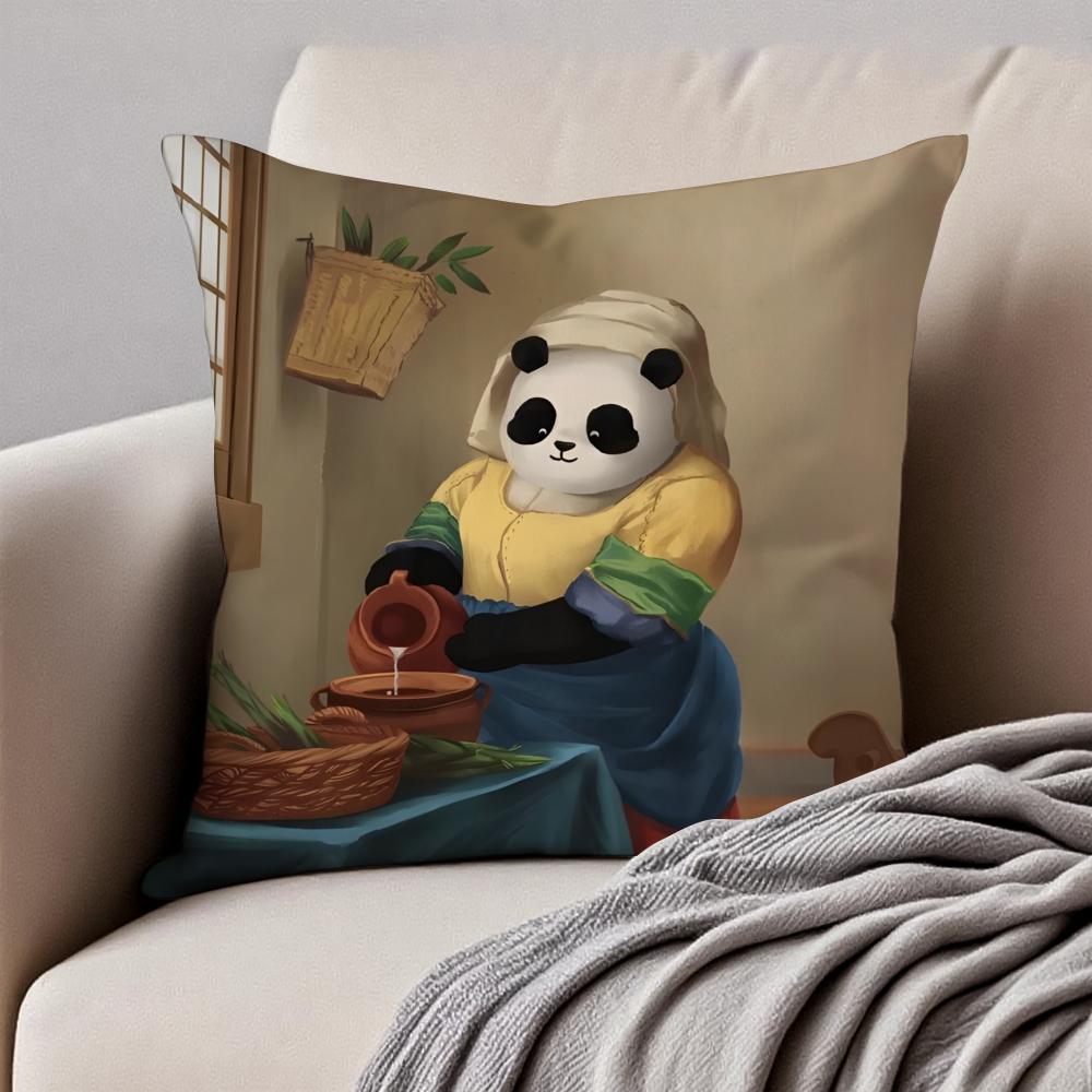 Retro Adorable Cute Panda Cartoon Art Cushion Cover Pillowcase Antidustmite Invisible Zipper Short Plush Sofa Cushion