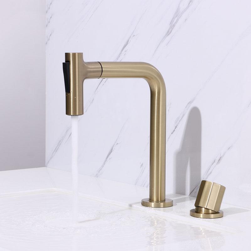 Gun Gray/Brushed Gold Widespread Bathroom Basin Faucet All Copper Pull-out Sink Faucet 360 Rotating Kitchen Faucet Black
