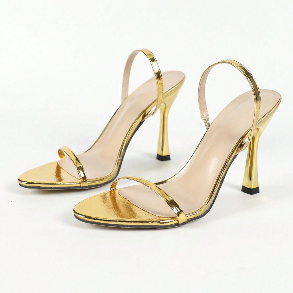 Ladies round head with back ankle strap solid color fine high heel sandals women's shoes gorgeous gold high heels
