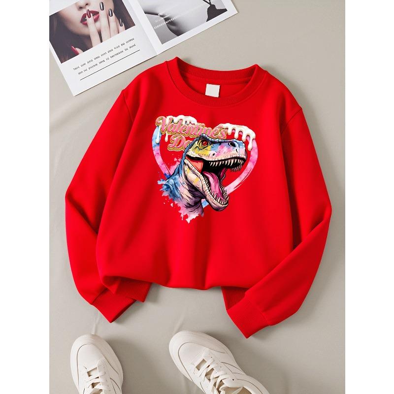 Girls' Long-Sleeve Casual Crewneck Sweatshirt | Valentines Day Dinosaur Heart Love Art, Suitable For Outdoor Sports And