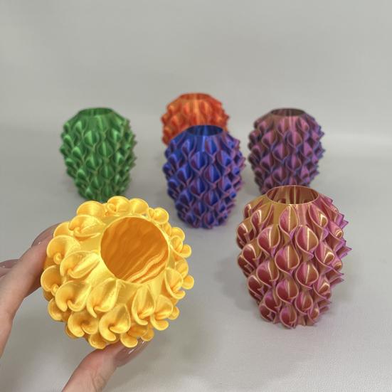 3D Printed Red Gold Flower Vase Sculptural Wave Geometric Textured Decorative Ripple Vase Modern Boho Home Decor for Coffee Table Shelf Entryway