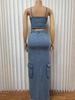 Stylish Denim Suit with Exposed Navel Zipper Top & Multi-Pocket Split Long Skirt