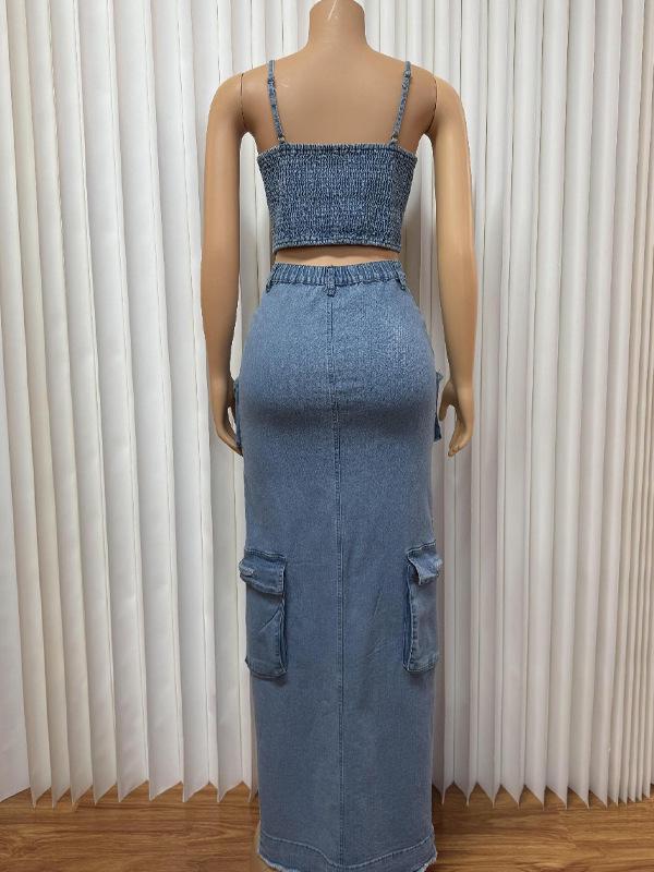 Stylish Denim Suit with Exposed Navel Zipper Top & Multi-Pocket Split Long Skirt