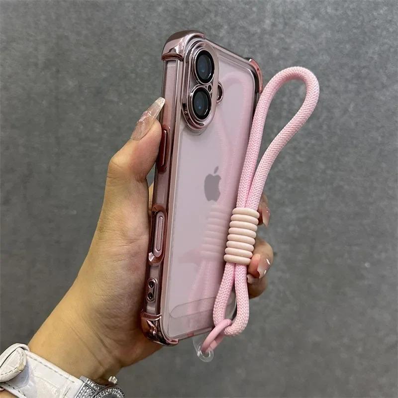 Applicable to iPhone17Promax four corners anti-drop electroplating transparent mobile phone case Apple 16 hand rope protective case