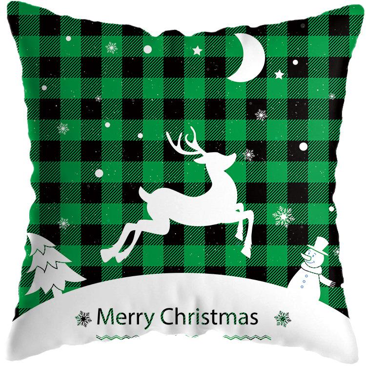 Christmas Theme Green Plaid Santa Snowman Print Pattern Cushion Cover Home Sofa Decor Throw Pillow Cover 45x45cm