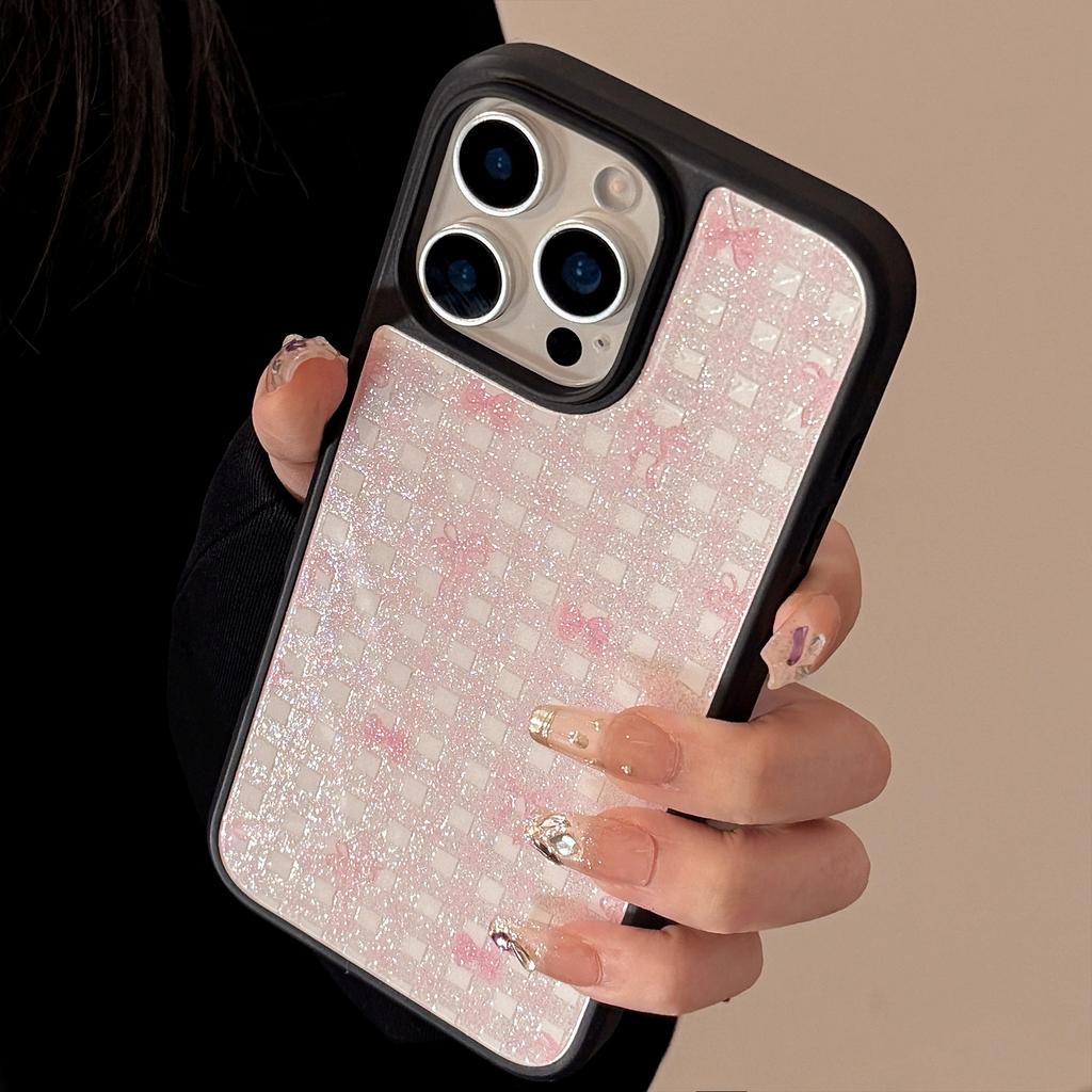 Sabbia Glittata Adatto per Iphone15 Apple 16pro Max Custodia per Telefono Cellulare Ins Glitter Rosa Check Fiocco 13 Dolce 14