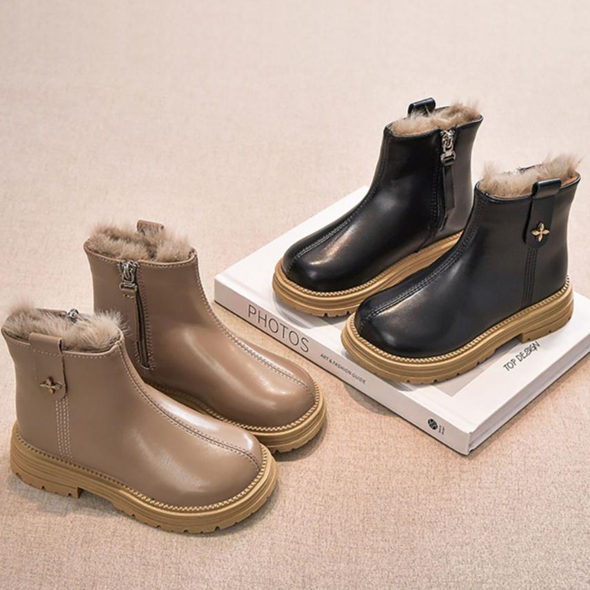 Winter Princess Plush Boots For Girls Solid Color Vintage Cotton Shoes PU Leather Waterproof Teenager Girl's Snow Boots