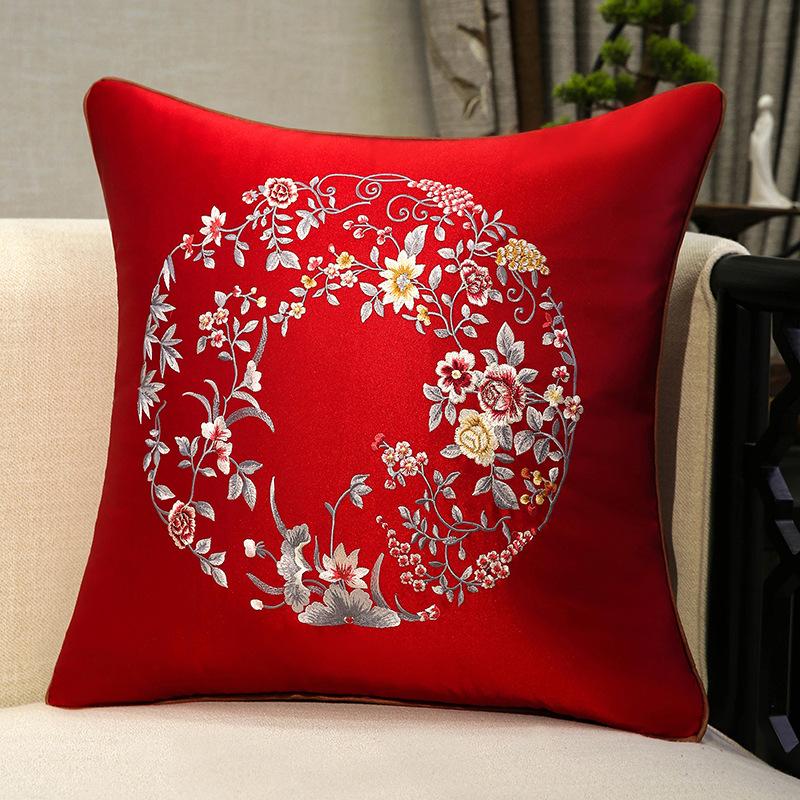 Chinese-style Embroidery Throw Pillow Redwood Sofa Cushion Cover Headboard Flowers Solid Wood Chair Lumbar Support Cushion Cover