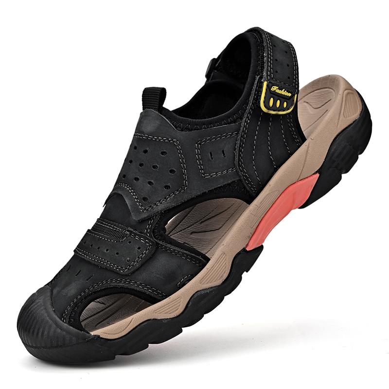 New Summer Genuine Leather Men Sandals Fashion Design Breathable Casual Shoes Men Soft Bottom Outdoor Beach Sandals Big Size 46