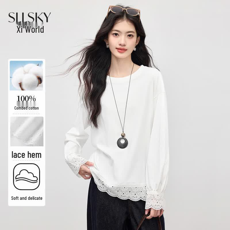 Women s Hollow Lace Patchwork Long Sleeve T-Shirt S