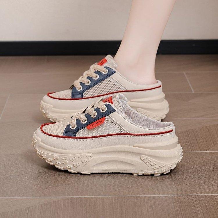 Women's shoes high-end pregnant women baotou half drag summer 2025 hollow breathable mesh sports shoes platform outer wear shoes
