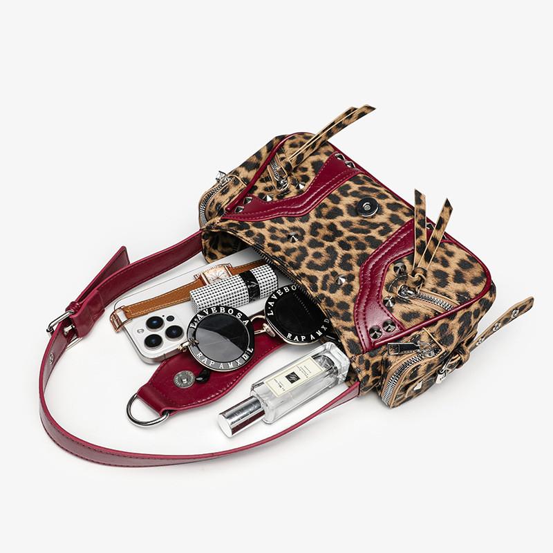 Pu Leather Leopard Print Crossbody Bag With Rivets And Tassels For Daily Use