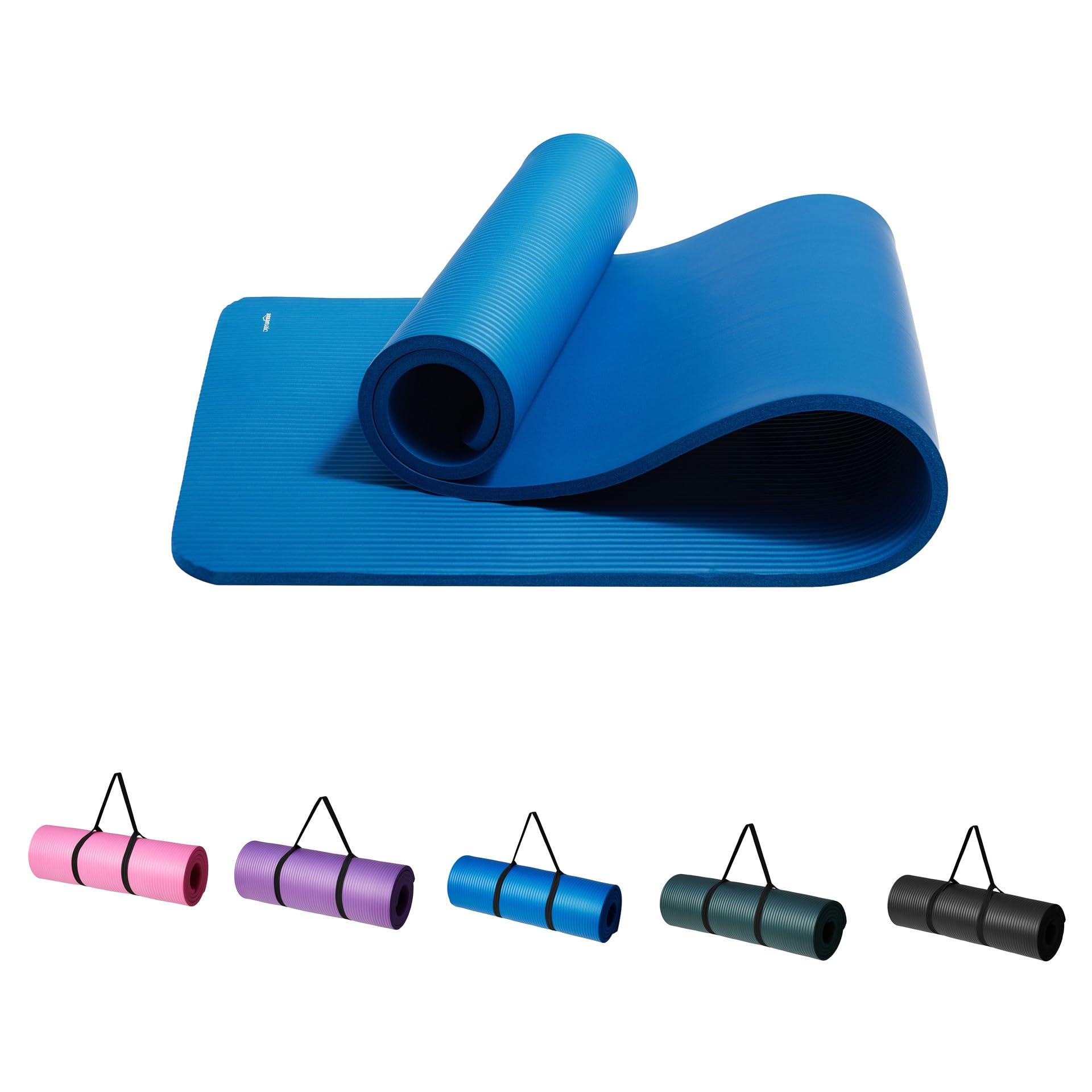 

Amazon Basics Thick Yoga Mat, 12mm, with Carry Strap, Workout Mat, Stretching Mat, Pilates Mat, 188x61x1.2cm, Blue