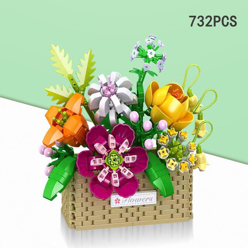 

Diy Sunflower Rose Bouquet Potted Plant Creative Flower Basket Assembly Of Building Brick Set Home Decoration Children Gift (As shown-16317)-