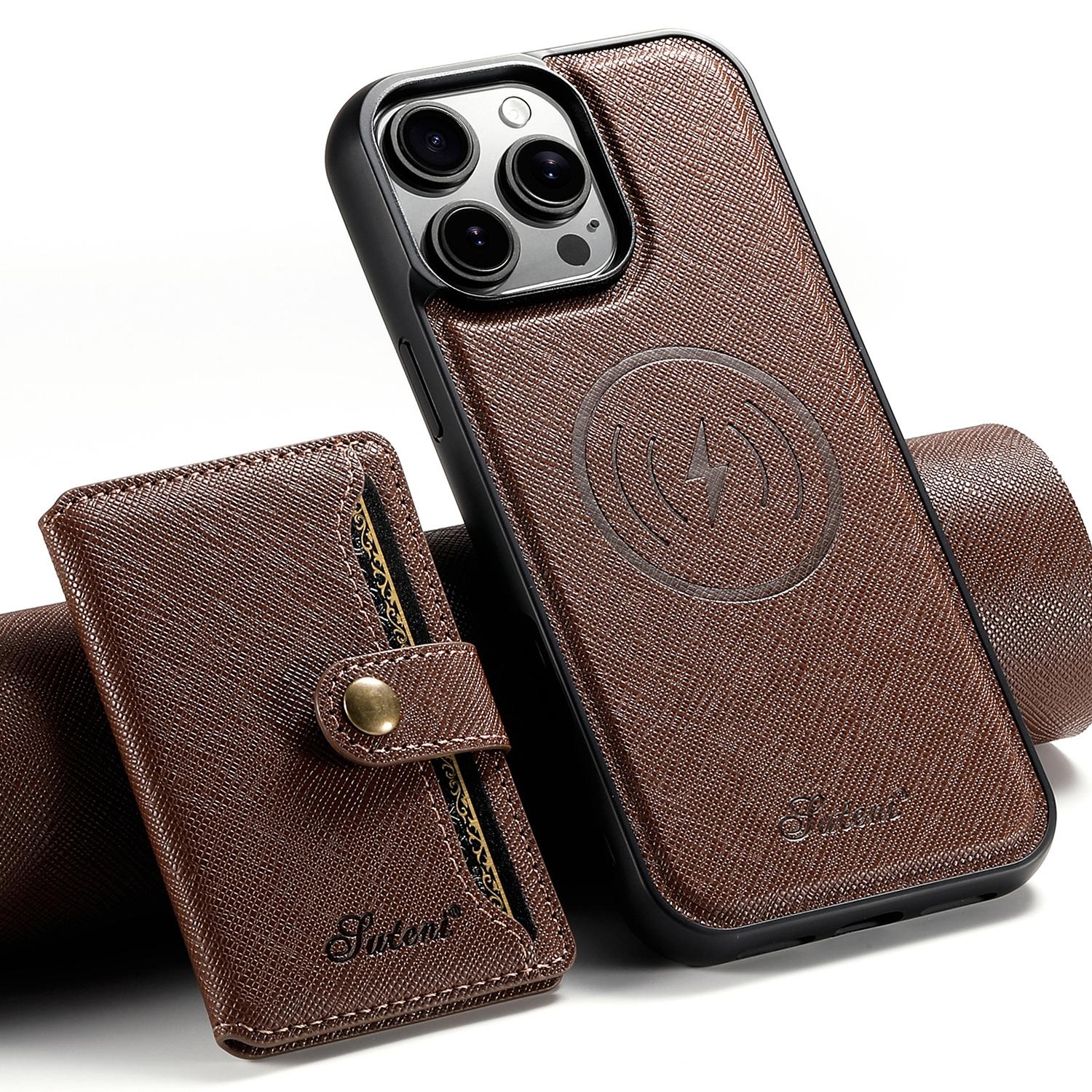 

SUTENI H20 For iPhone 13 Pro Max Magnetic Case Cross Texture Phone Back Cover with Detachable Card Holder Brown