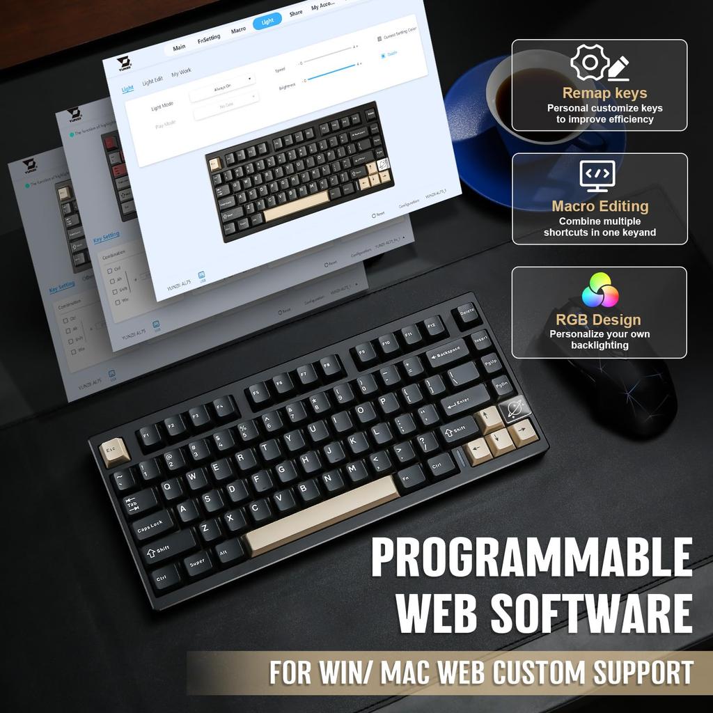 YUNZII AL75 PRO Gaming Mechanical Keyboard with and Wired 3 Aluminum PBT Gasket for and Technical Standards Certification Tactile 80-Key Wireless,