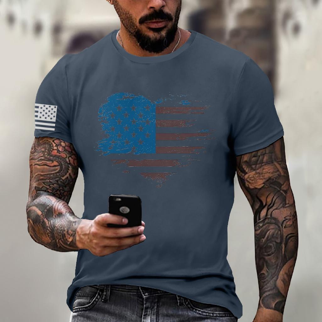 Men's Fashion Casual Short Sleeve Round Neck Independence Day Flag T-Shirt Top