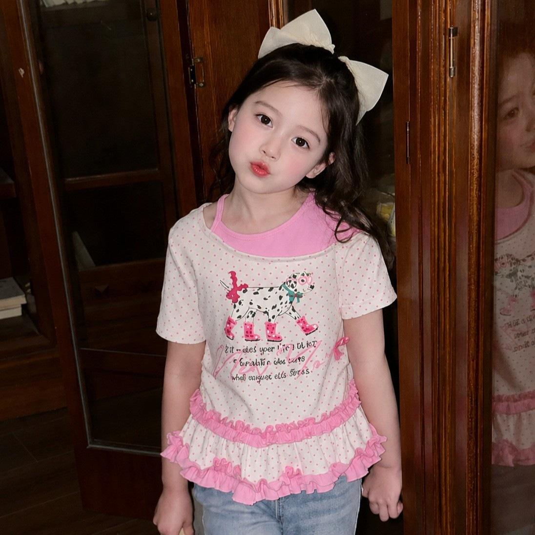 Girls Summer Polka Dot Graffiti Mock Two Piece Short Sleeve T Shirt 100