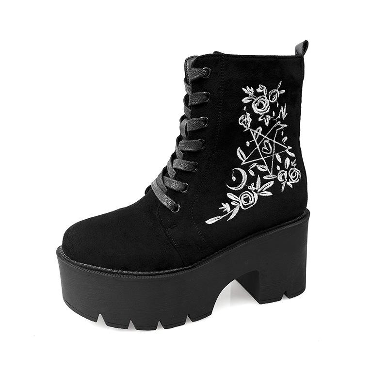 Fashion Punk Goth Women Motorcycle Boots Outdoor Platform High Heels Shoes Woman 2025 New Black Fashion Suede Embroidery Bottes Femmes