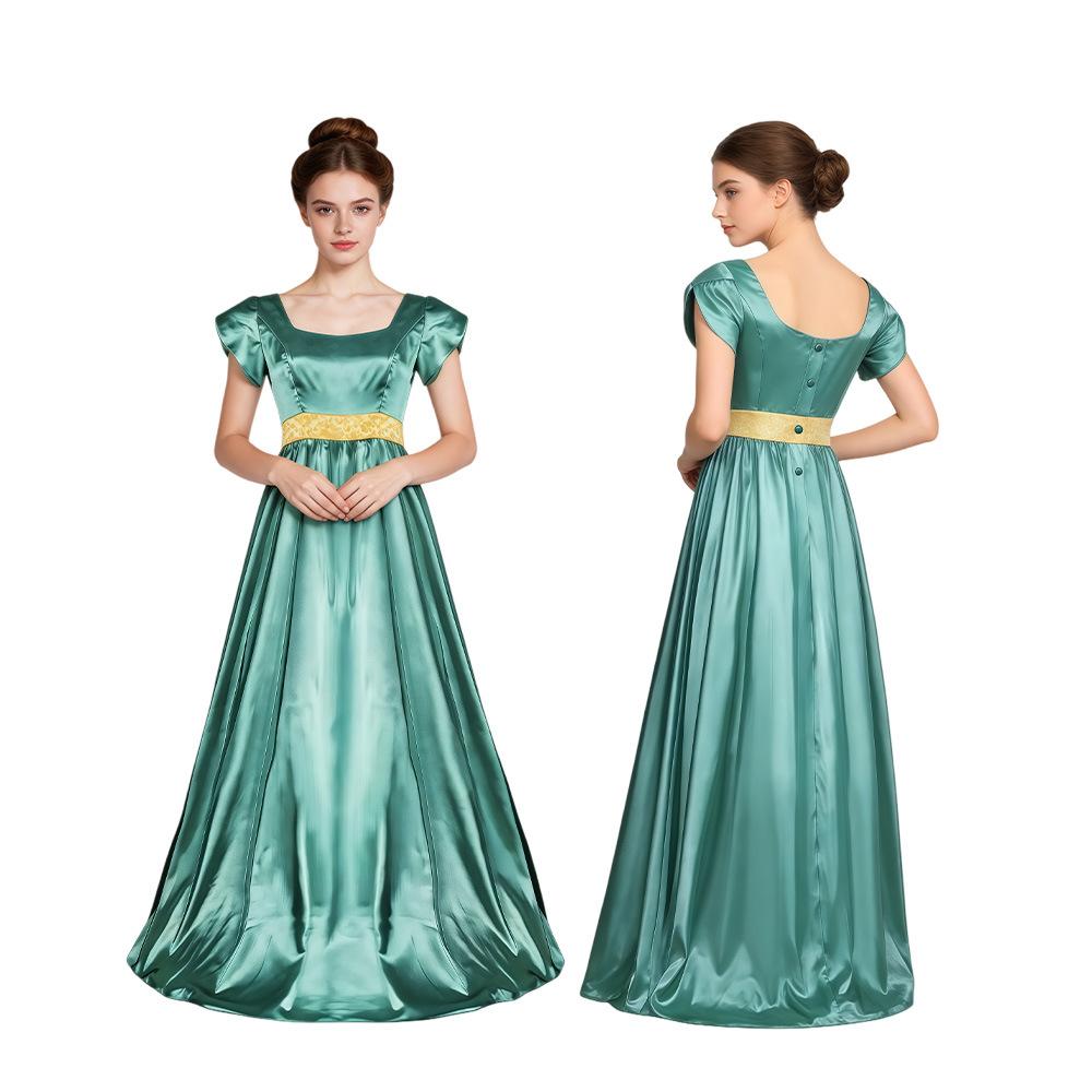 Bridgeton Regency Dress Silk Satin Bubble Sleeve Long Dress Halloween Victorian Cosplay Dress