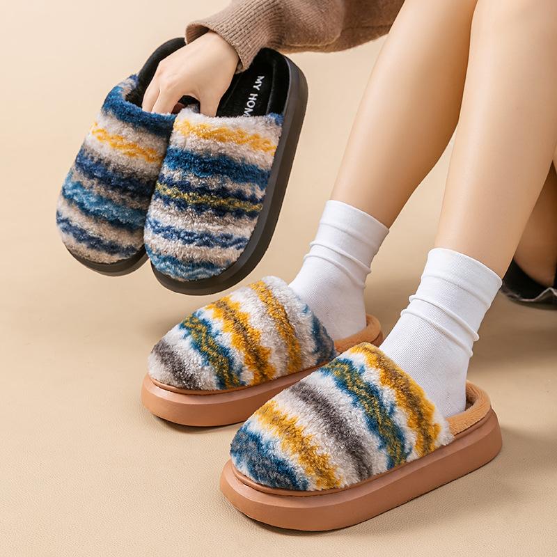 Gestreifte karierte Baumwollpantoffeln Herbst und Winter Indoor Zuhause verdickte weiche Sohle rutschfest Baumwollmopp warme Zuhause Flusenmopp