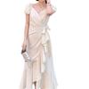 French irregular ruffle leaf edge strap bubble sleeve dress women's summer new temperament thin medium and long skirt