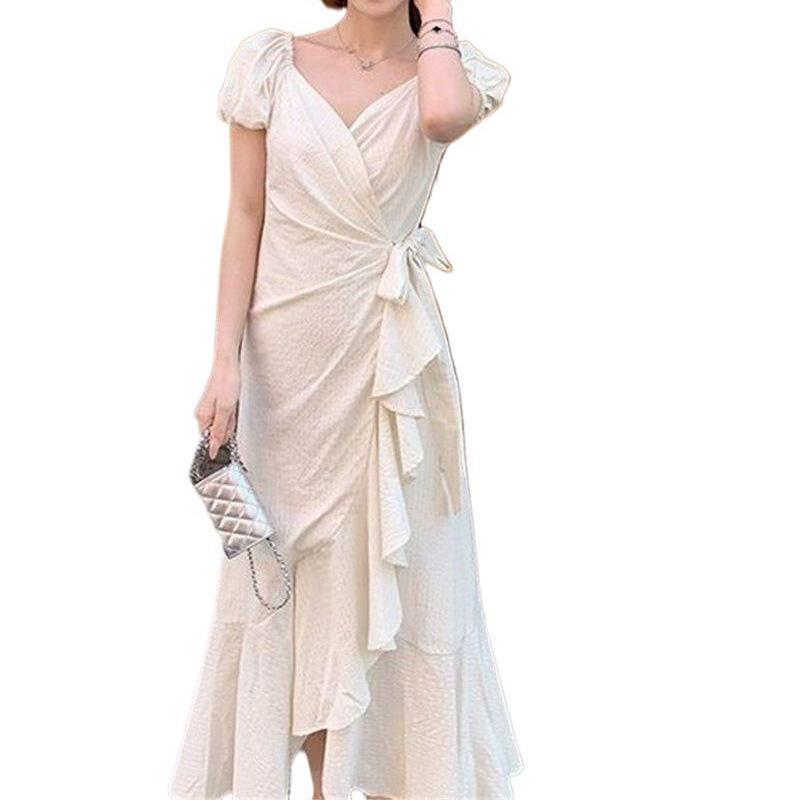 French irregular ruffle leaf edge strap bubble sleeve dress women's summer new temperament thin medium and long skirt