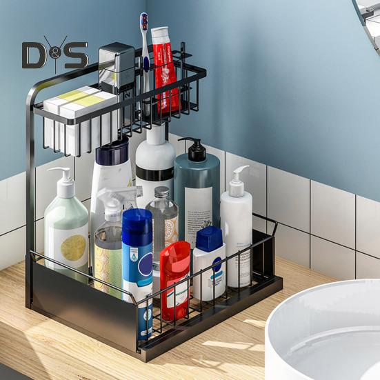 Under Sink Organizer with Sliding Drawer L-Shaped Carbon Steel Storage Rack Rust-Proof Under Sink Rack for Kitchen Bathroom Clutter