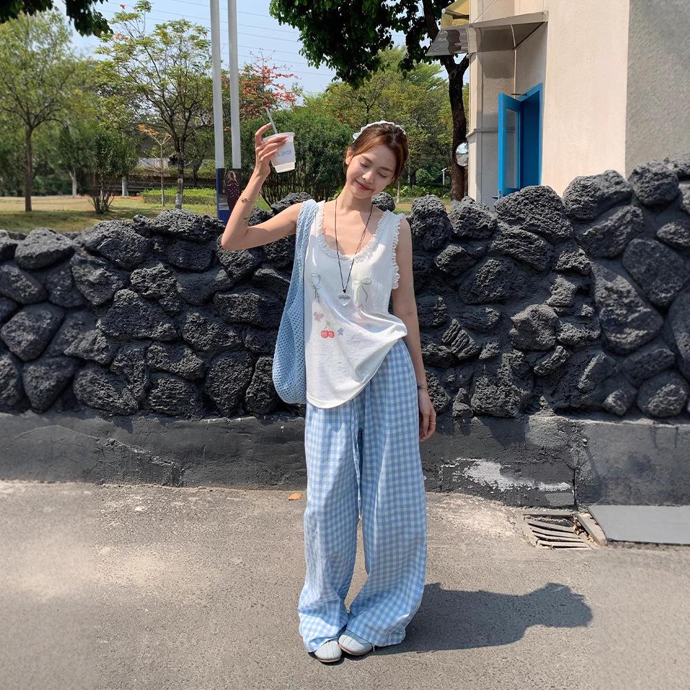 Song Zhengen Women’s High Waist Light Blue Plaid Wide-Leg Summer Pants