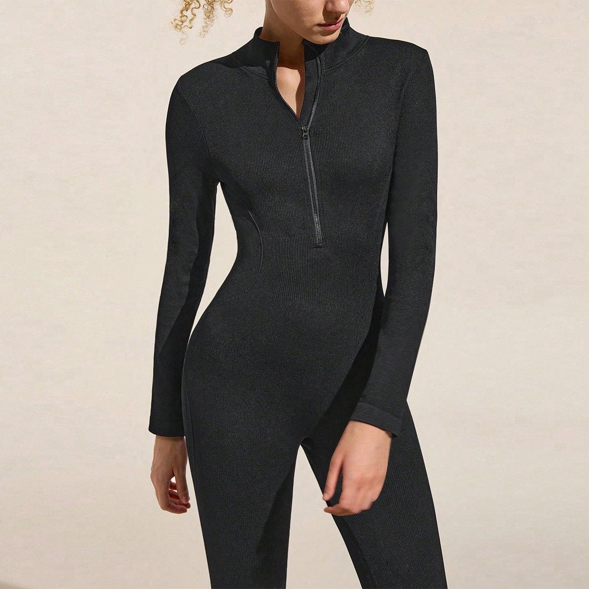 

Cross-Border Yoga Bodysuit: High-Elastic, Hip-Lifting, Zipper Cardigan, Long Sleeve Fitness Wear Large чорний