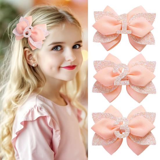 Pink Birthday Hair Bow for Baby 1-6 Years Glitter Sequin Party Hairpin Satin Ribbon Bow with Elastic Tie & Metal Clip Sparkling Number Hair Accessory