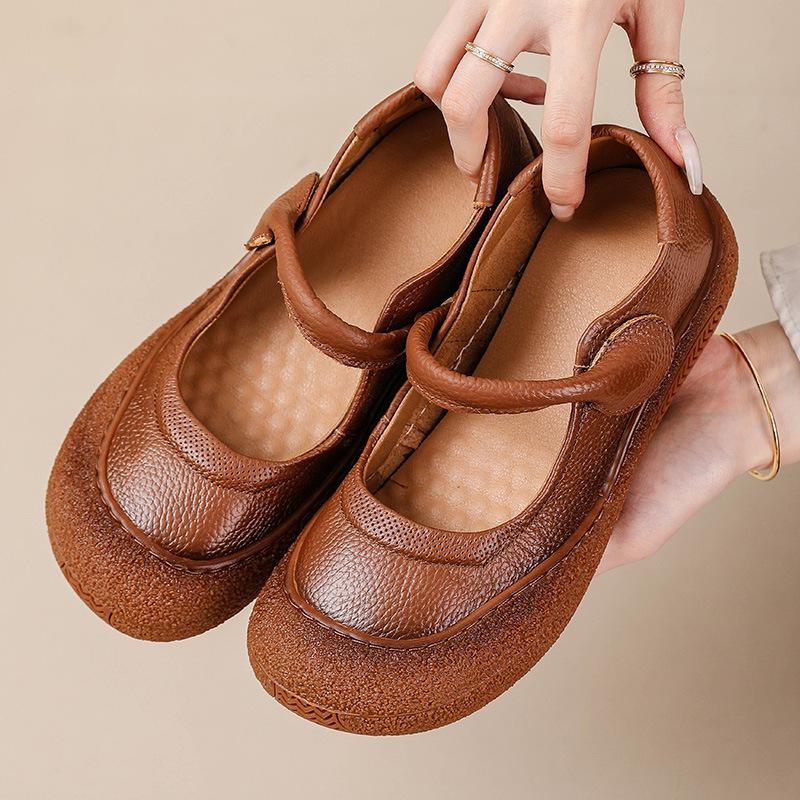 

2025 Туфли-балетки на липучке из натуральной кожи в стиле ретро для весны и осени 41 коричневый