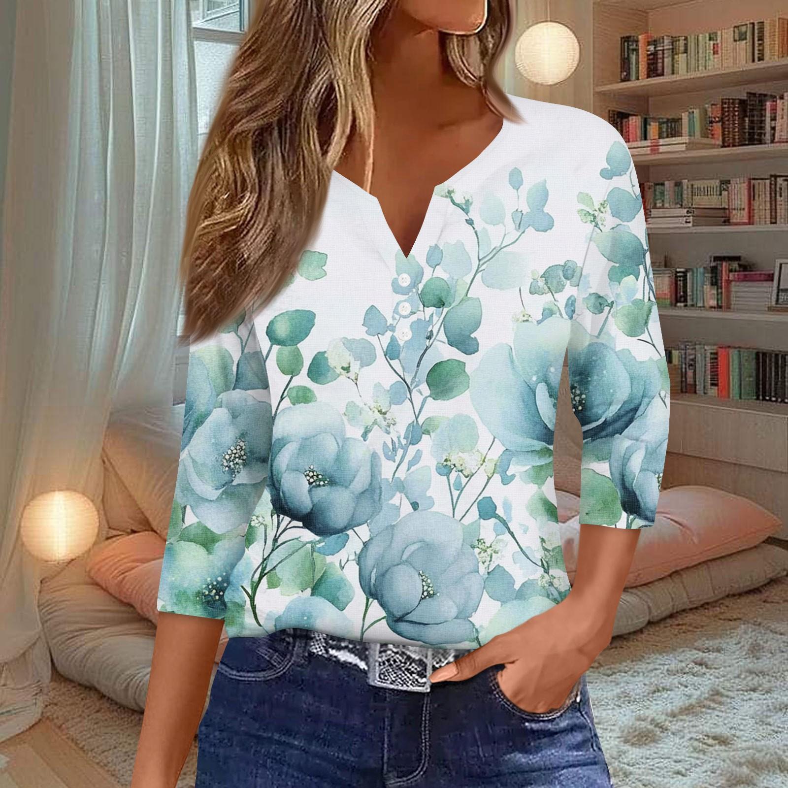 

Жен. Футболка Футболка С принтом Пуговицы Рукав 3/4 Повседневные Выходные Мода Классический V-образный вырез Обычный Топ XL небесно-голубой