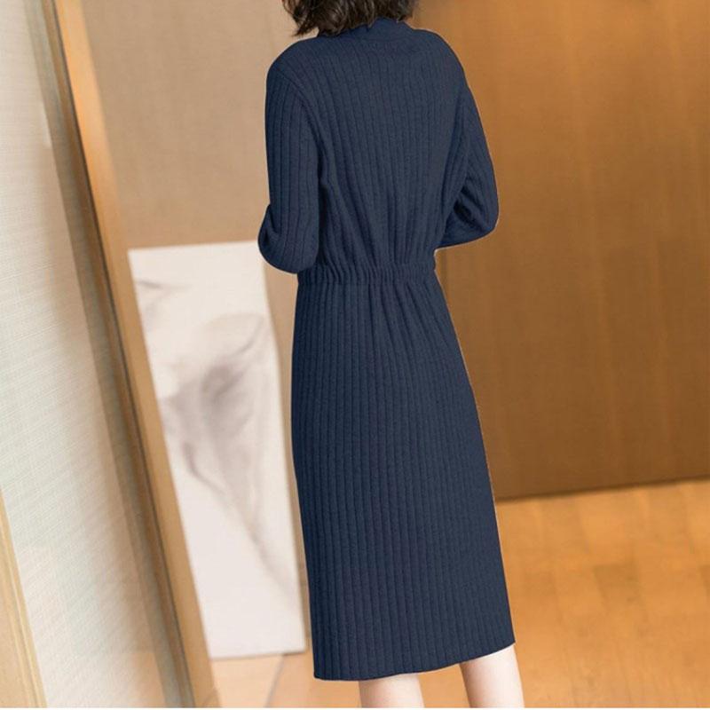 Spring Autumn Lapel Knit Dress Women's Long Loose Tie Sweater Dresses