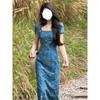Heavy industry high-end blue long dress. Retro square neck dress women's summer new break