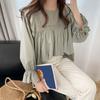 Women Shirt Round Neck Lantern Long Sleeve Pullover Tops Solid Color Loose Fit Ruffle Trim Pleated