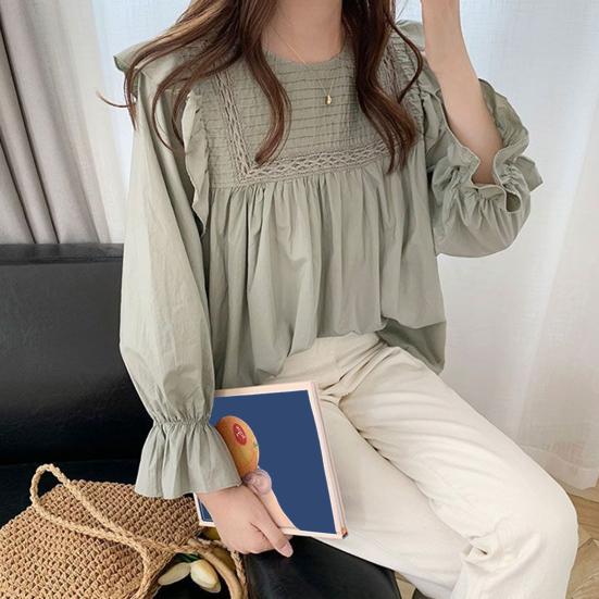 Women Shirt Round Neck Lantern Long Sleeve Pullover Tops Solid Color Loose Fit Ruffle Trim Pleated