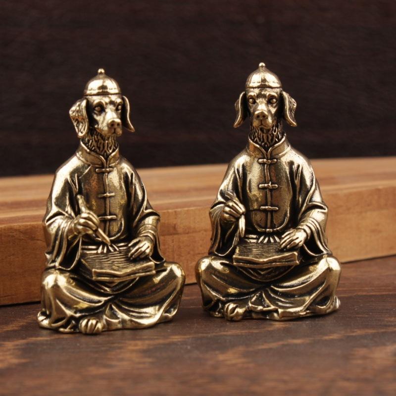 Retro Brass Calligraphy Dog Figurine Cute Mini Animal Statue Collectible Ornament for Desk Home Office Decor