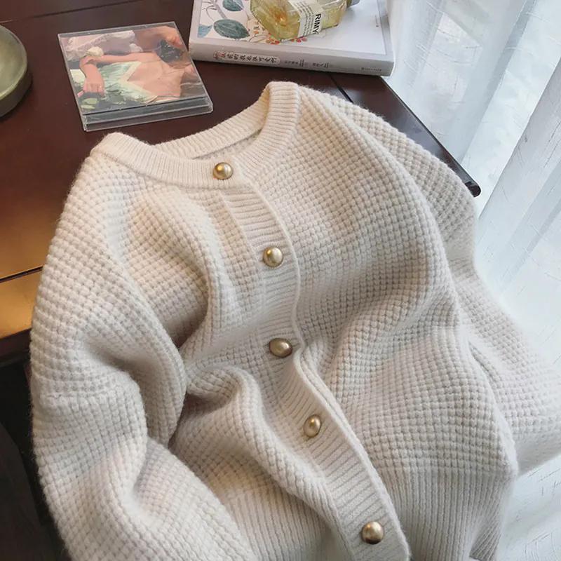 WTEMPO Large Size Solid Color O-Neck Loose Knitted Cardigans Women's Casual Versatile Long Sleeve Button Sweater Cardigans