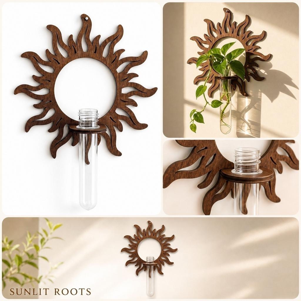 Wooden Sun Shaped Wall Mounted Hydroponic Plant Holder with Glass Test Tube Vase for Small Plants and Decorative Display Indoor Outdoor Use