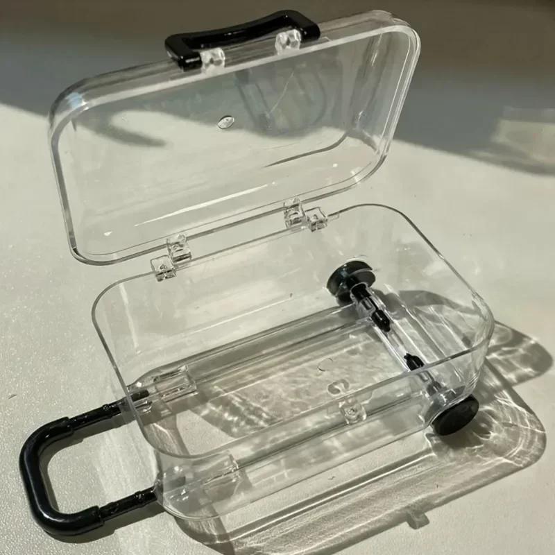 12pcs Mini Transparent Plastic Suitcase Storage Boxes with Retractable Wheels Jewelry Snack Organizer