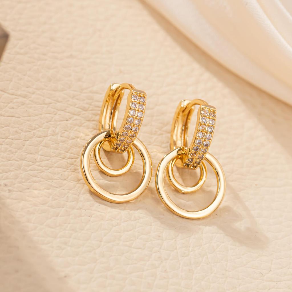 Elegant Zirconia Double Ring Dangle Earrings for Women – European & American Luxury Design