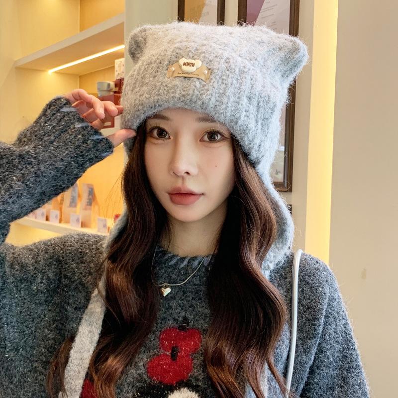Cute ear hat women's autumn and winter warm windproof knitted hat sweet versatile ear protector small wool hat